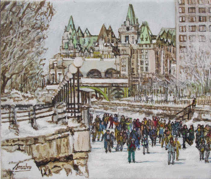 Skaters Rideau Canal, Ottawa 2004 10inx12in Acrylic on canvas